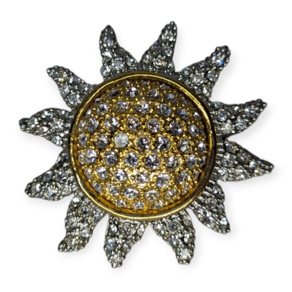 Vintage Rhinestone Gold Tone & Silver Tone Sunflower Brooch/Pin 2" - Picture 1 of 6